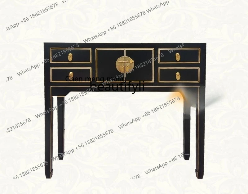 New Chinese-style solid wood black gold-painted entrance table, neoclassical antique computer table