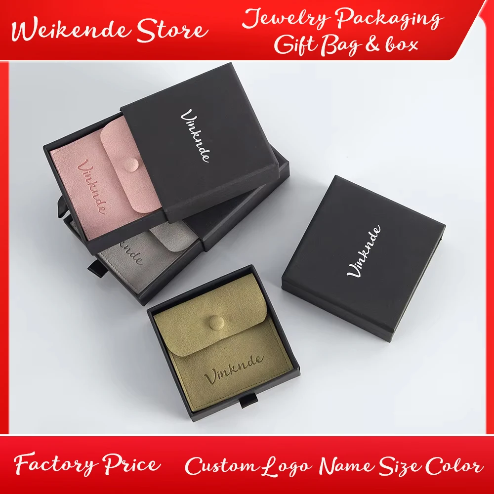 

Custom Logo Printed Suede Button Snap Pouches Cardboard Paper Drawer Black Luxury Necklace Earring Jewelry Box Wedding Gift Case