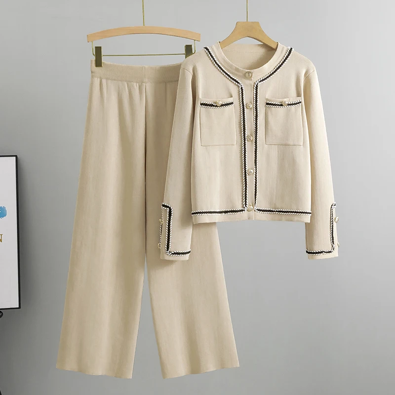 New Autumn Women Fashion 2 Piece Sets Long Sleeve Pockets Cardigan + High Waist Wide Leg Pants Knitting 2 Two Pieces Outfit