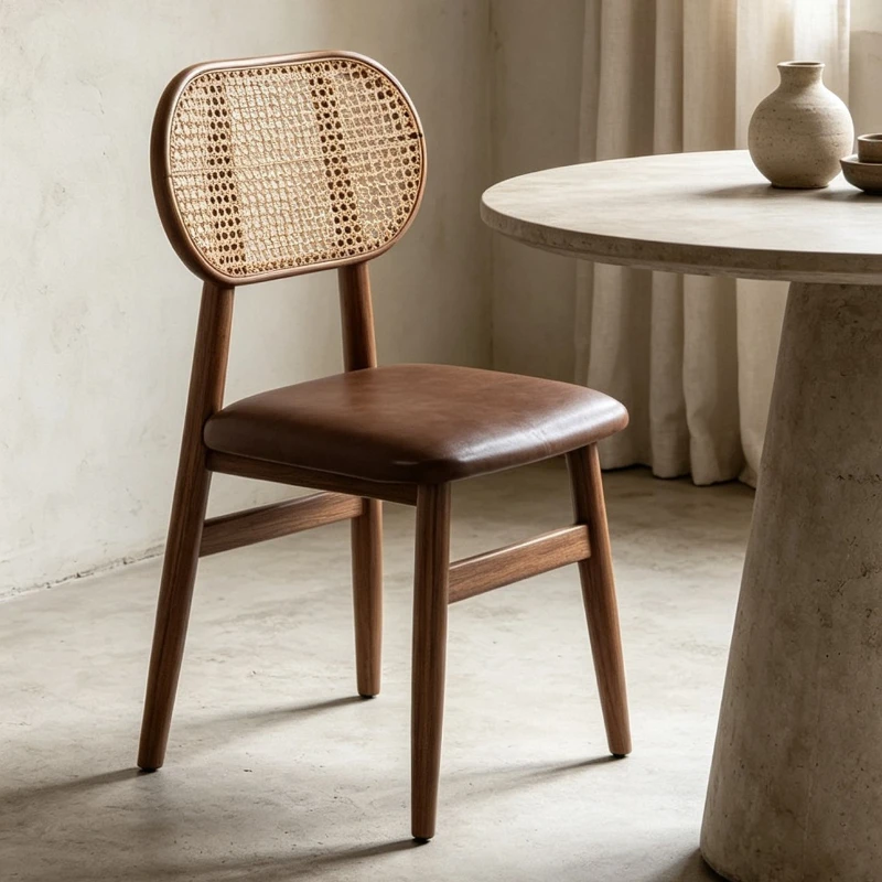 Solid Wood Dining Rattan Weaving Chair Home Simple Leisure Backrest Chair Business Thickened Hotel Soft Home Restaurant Chair