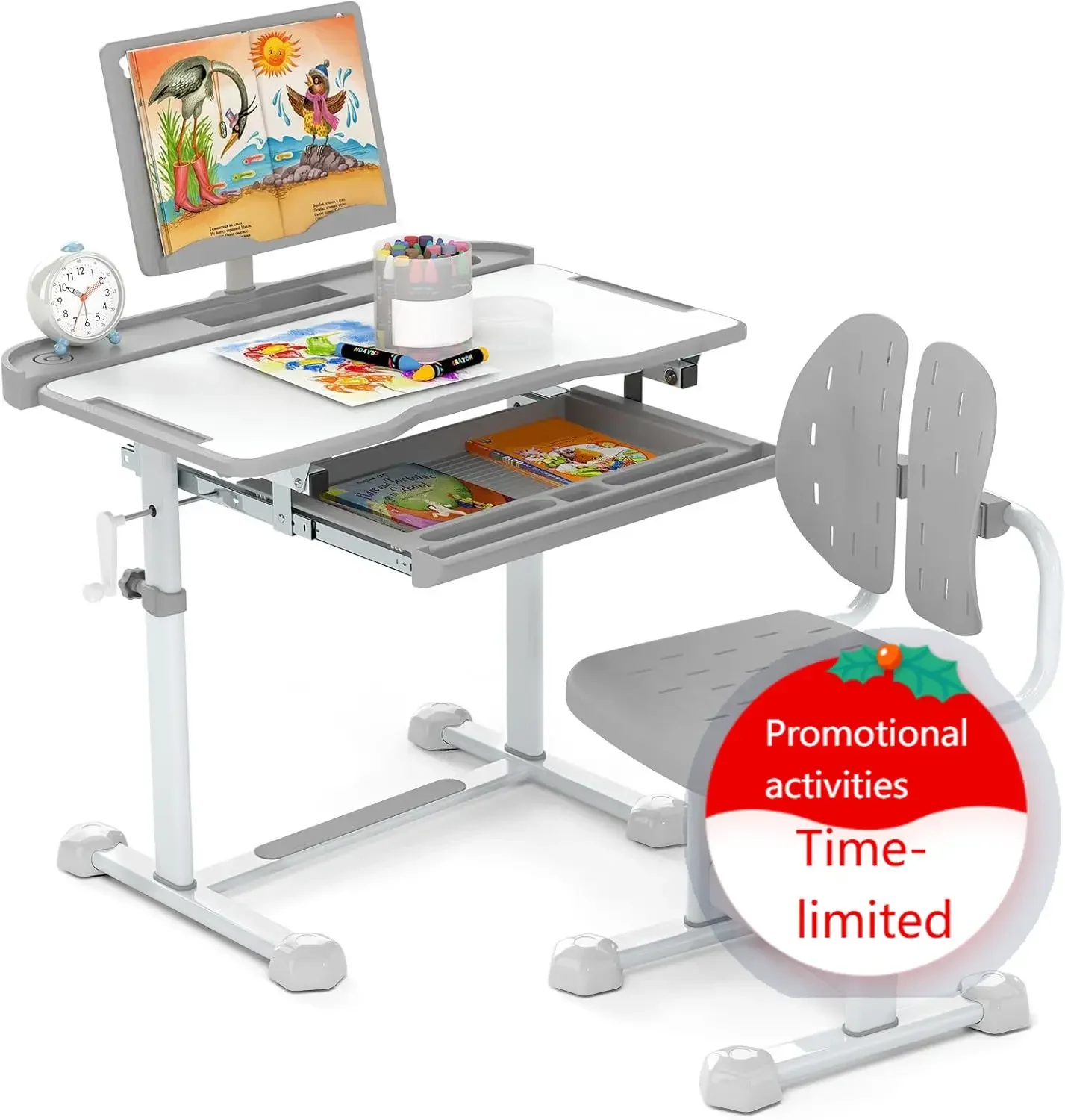 

Kids Desk and Chair Set, Height-Adjustable Children Study Desk Set with Tilt Desktop, Book Stand, Footrest Bar, and Ergonomic De