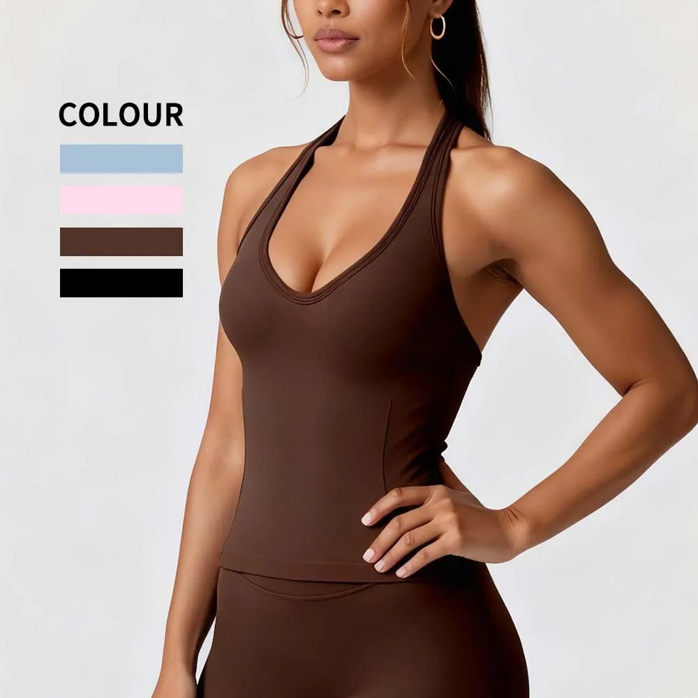 Hanging Neck Tank Top Women Gym Clothes with Removable Pads Quick Dry Running Fitness Workout Athleticwear Yoga Pilates Vest