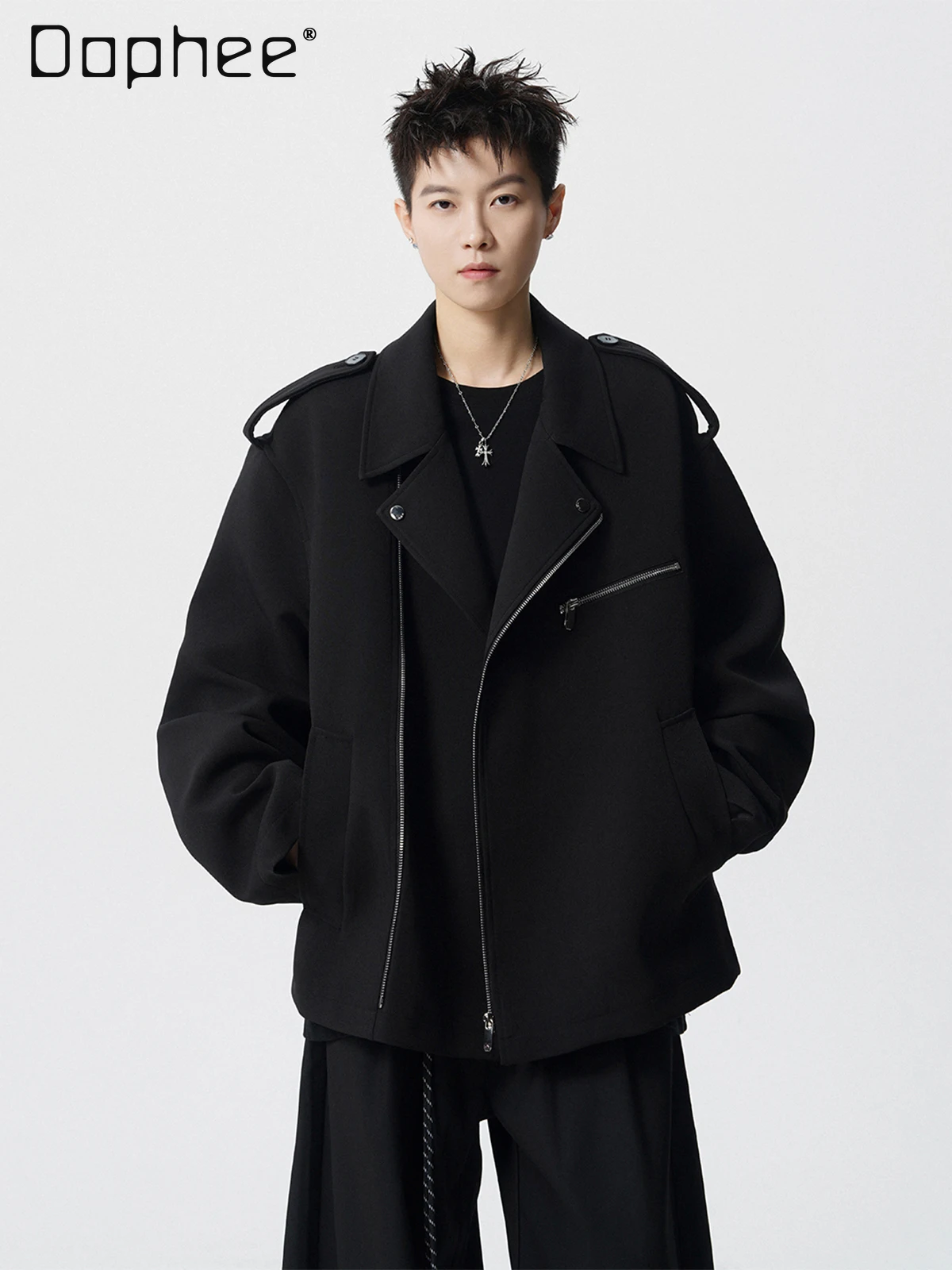 

2023 весенне-осенняя черная куртка с отложным воротником в американском стиле High Street, мужская свободная дизайнерская крутая универсальная короткая ветровка