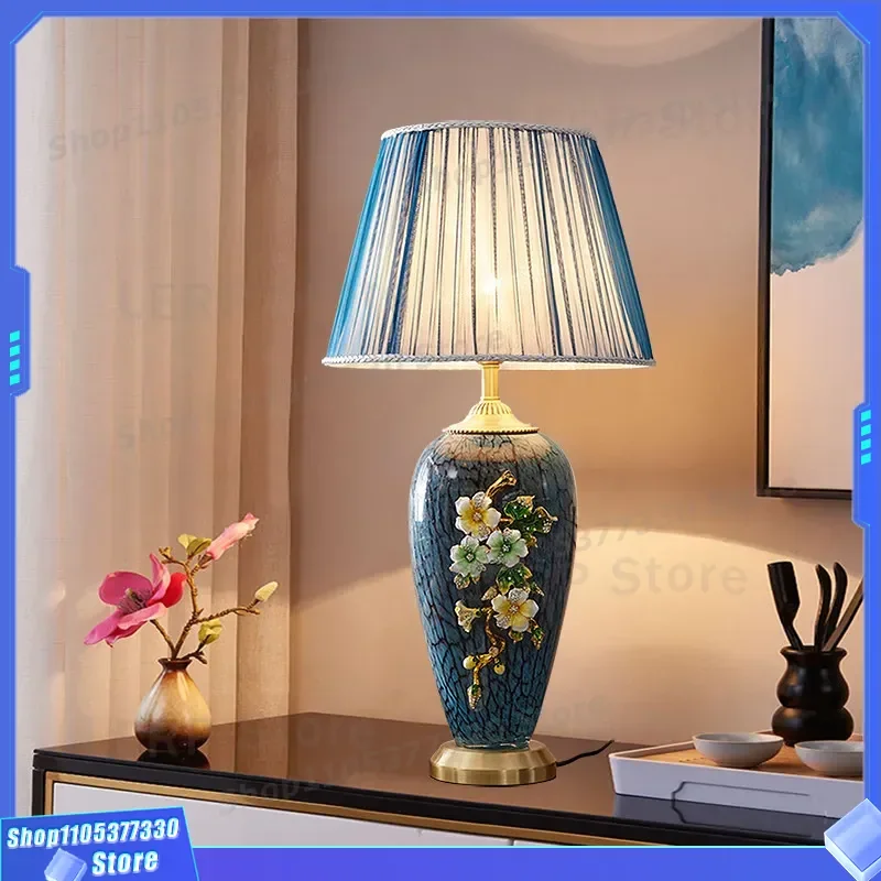 American Luxury Enamel Ceramic Table Lamp All Copper Base European Style Living Room Sofa Bedroom Bedside Light New Design