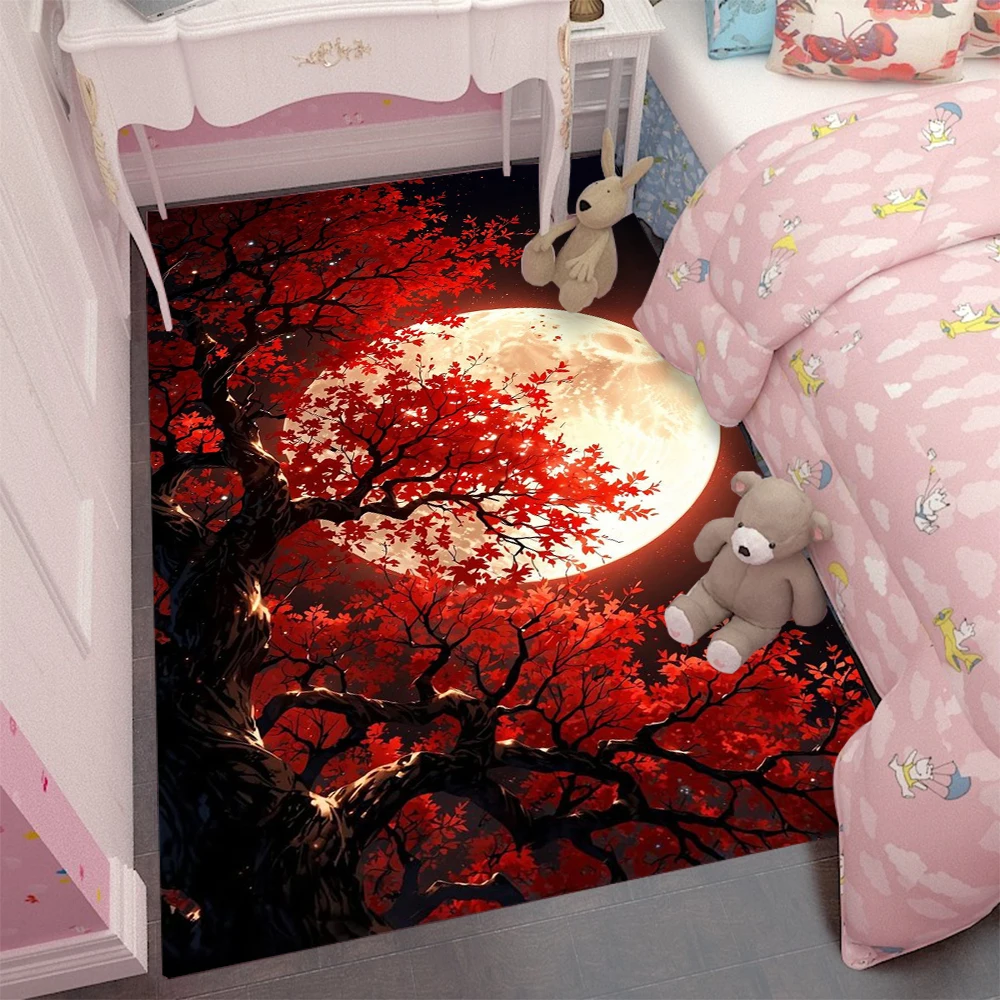 Cherry Blossom Night View Floor Mat, Non-slip Scenic Print Rug for Bedroom, Soft Decorative Carpet for Home and Living Space