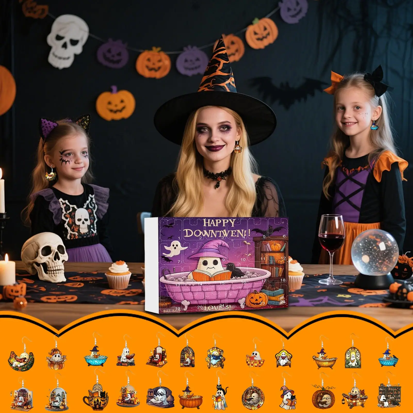 Halloween Calendar Advent 2025 Spooky Ghost Earrings 2d Flat Acrylic Jewelry For Girls Teen Women Holiday Party Home Decorations - Image 2