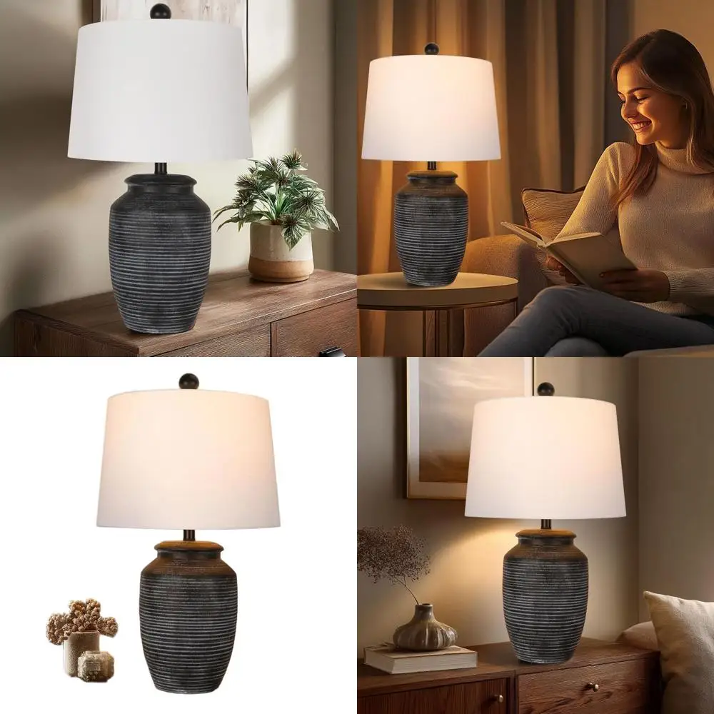 

Винтажная черная керамическая настольная лампа с белым льняным абажуром для прикроватных тумбочек, гостиных, столовых и спален (лампочка в комплекте)