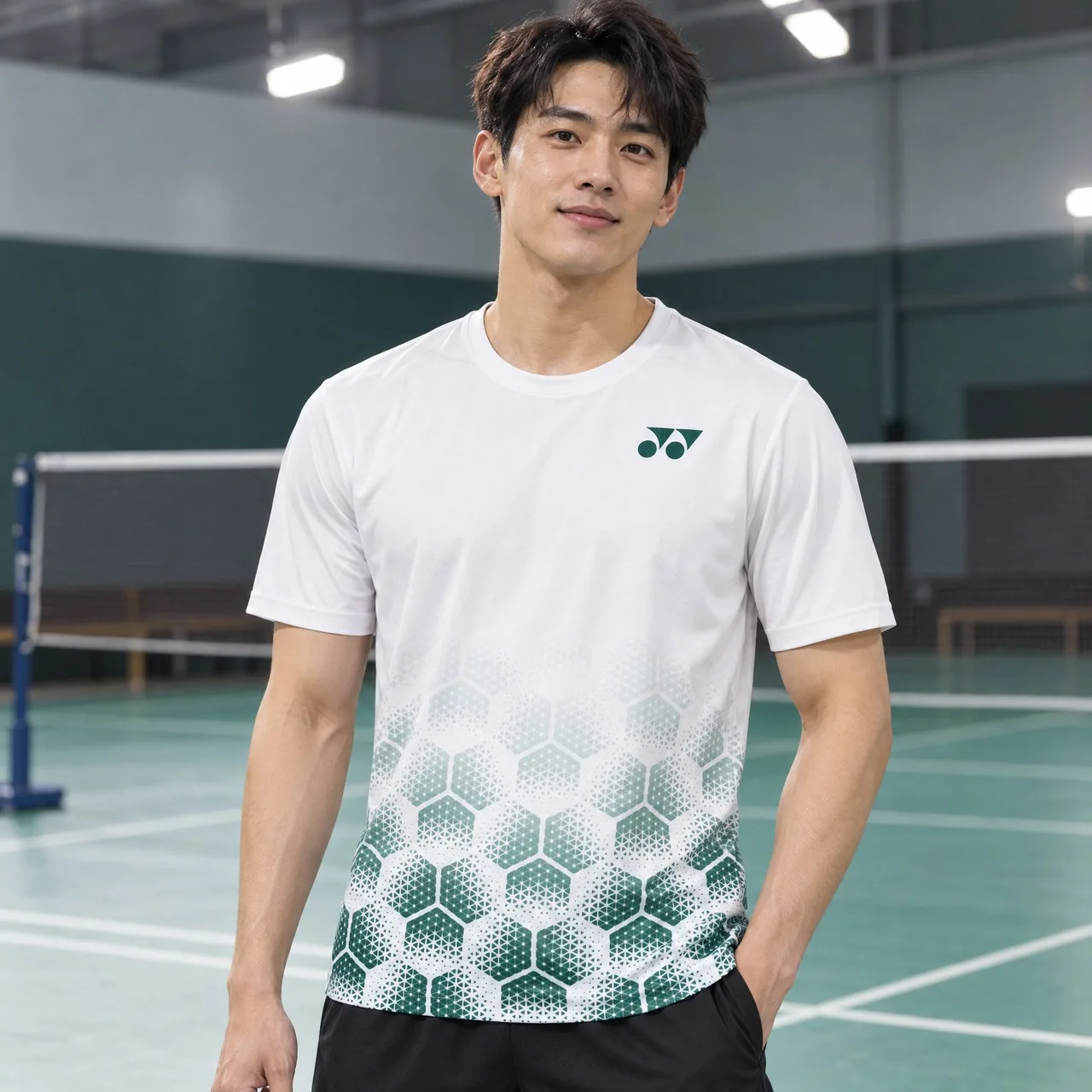 YONEX Men's Court Style Badminton T-shirt White Green Gradient Printed Short Sleeve Daily Training Casual T-shirt
