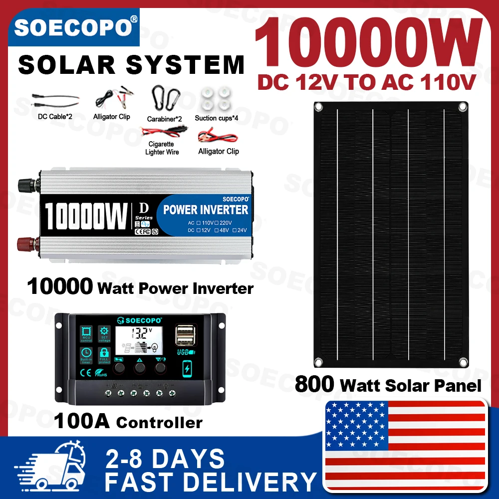 (الأسهم الأمريكية) SOECOPO 10000 واط نظام محطة الطاقة الشمسية 800 واط لوحة 100A تحكم 12 فولت إلى 110 فولت العاكس للتخييم RV المنزل