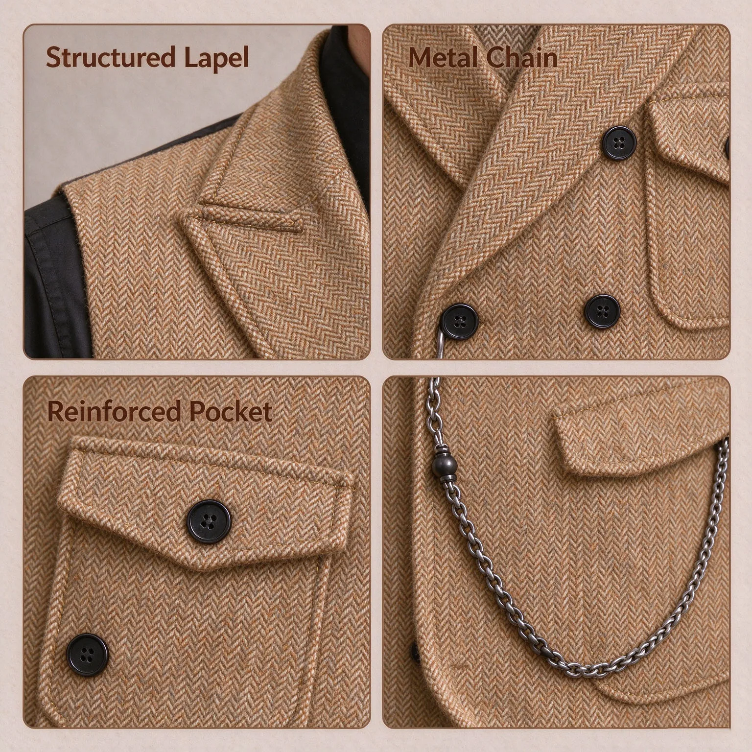 Men's Herringbone Waistcoat Peak Lapel Double Breasted Vest Vintage British Formal Suit Gilet Wedding Business Party Streetwear