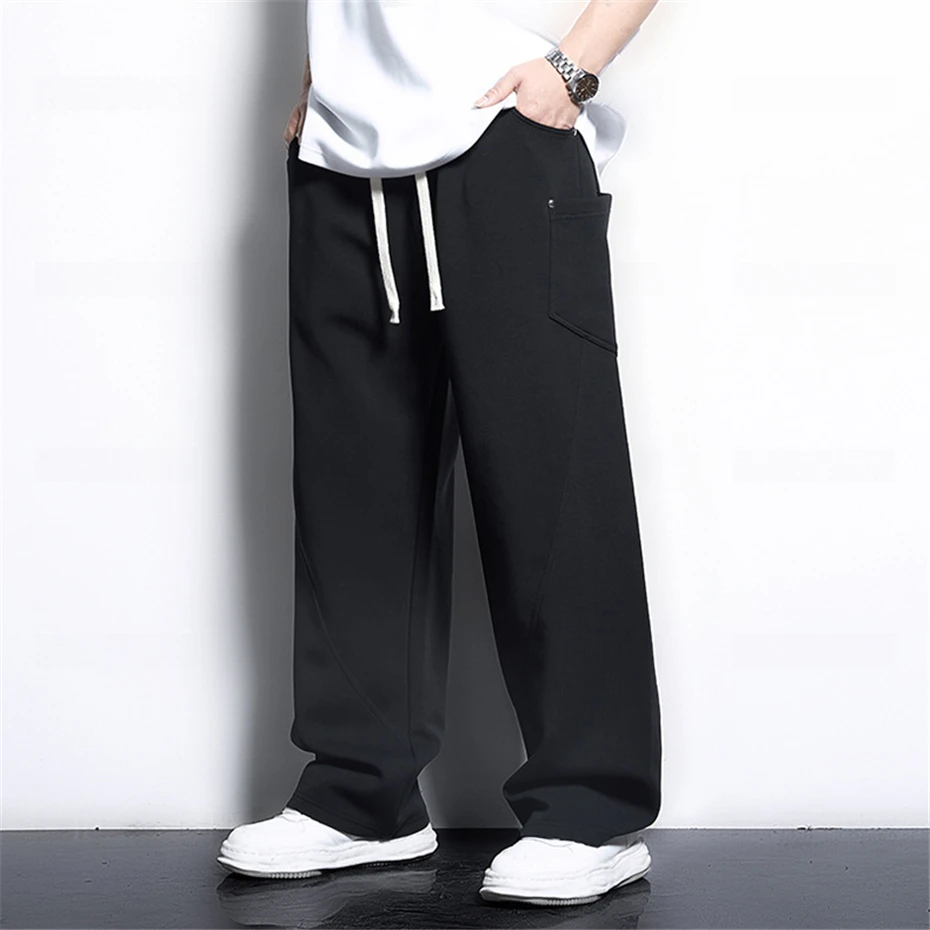 Solid Color Straight Pants Men 7XL Plus Size Pants Male Baggy Pants Elastic Waist Trousers Black