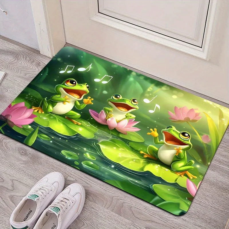 Machine Washable Polyester Frogs Singing Cartoon Design Area Rug - Non-Slip Rectangle Doormat for Living Room, Bedroom