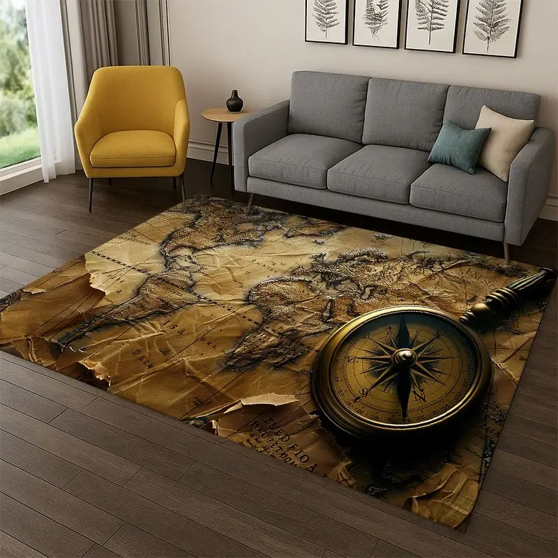 Ancient Nautical Chart Map Compass Cartoon Carpet Rug for Bedroom Living Room Sofa Playroom Doormat Home Decor,Area Rug Non-slip