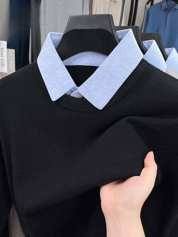 

Мужской повседневный вязаный свитер Lormen с имитацией воротника-рубашки, имитация двухслойности, зимний модный городской стиль, термотоп с длинным рукавом для мужчин