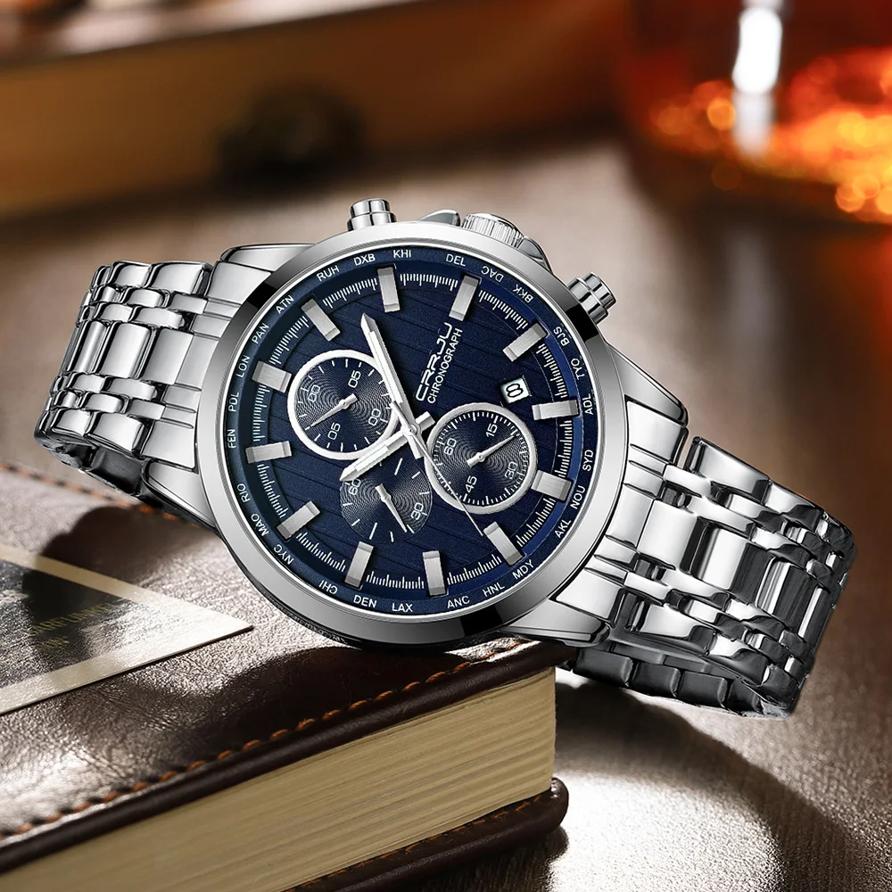 Uhren für Männer Crrju Herren uhren Luxus Business Edelstahl Chronograph Mondphase wasserdicht Datum analog Quarz kleid