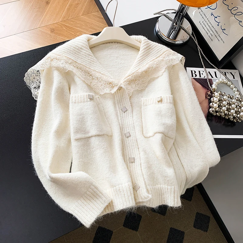 

Retro Lace Trim Navy Collar Knitwear Women's Loose Soft Autumn Winter New Sle Open Cardigan Woolen Sweater Quali Faion