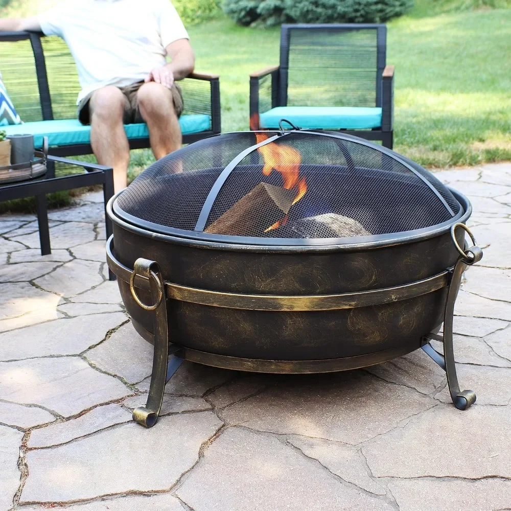 

XMSJ 24-Inch Cauldron Style Outdoor Fire Pit Bowl with Spark Screen, Log Poker, and Wood Grate - Dark Bronze Finish Fire Pits