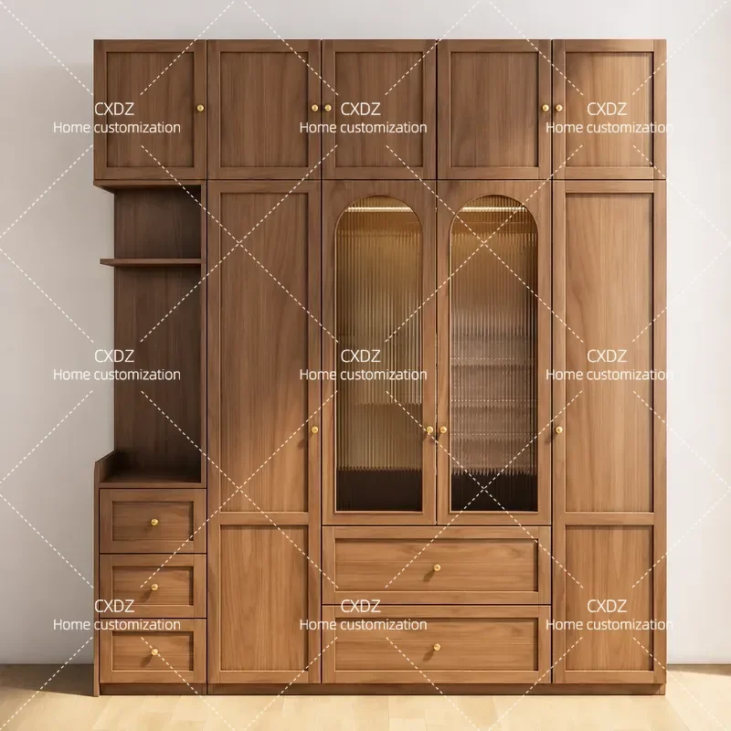 Modern Simple Walnut Glass Door Swing Wardrobe for Bedroom Small Apartment Household Storage Cabinet Economical Furniture