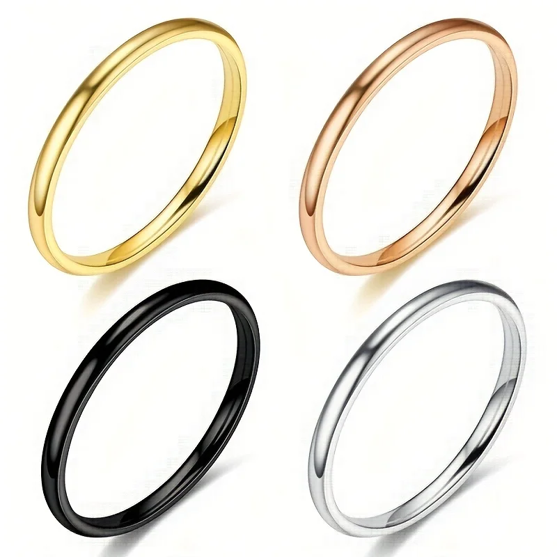 1pc 2mm Thin Classic Fashion Simple Stainless Steel High Polished Rings For Women Men Couple Finger Rings Jewelry Size 5 To 13