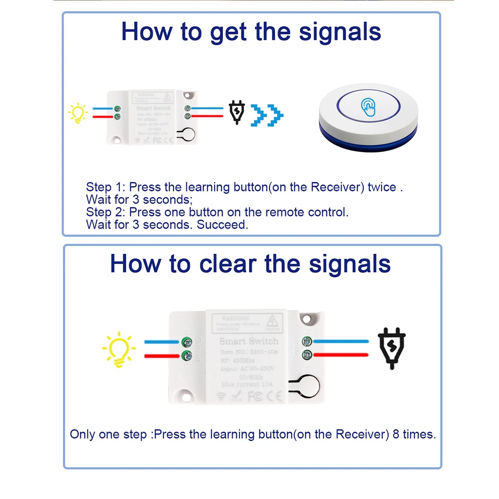 Wireless RF 433MHz Remote Control Switch AC 110V 220V 10A Relay Receiver and Round Button Transmitter for Light Lamp Fan ON OFF