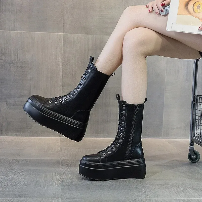 

2025 Высококачественные зимние туфли на толстой подошве 8 см на массивном каблуке, кожаные высокие сапоги до середины икры до колена, весенне-осенние ботильоны на молнии