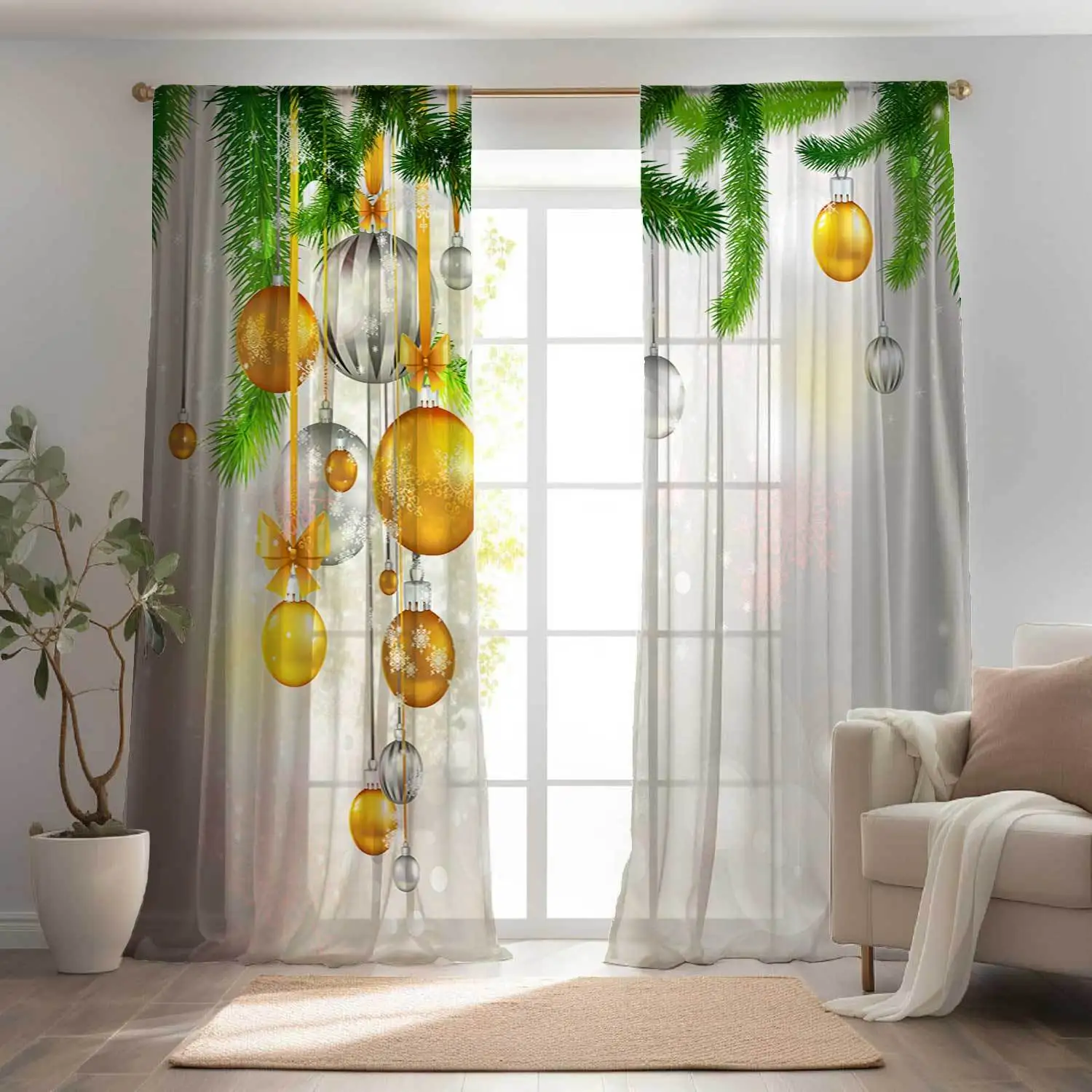 

Glam Christmas Curtains Semi-Sheer Polyester Rod Pocket Drapes with Festive Holiday Print for Living Room Bedroom Window Decor