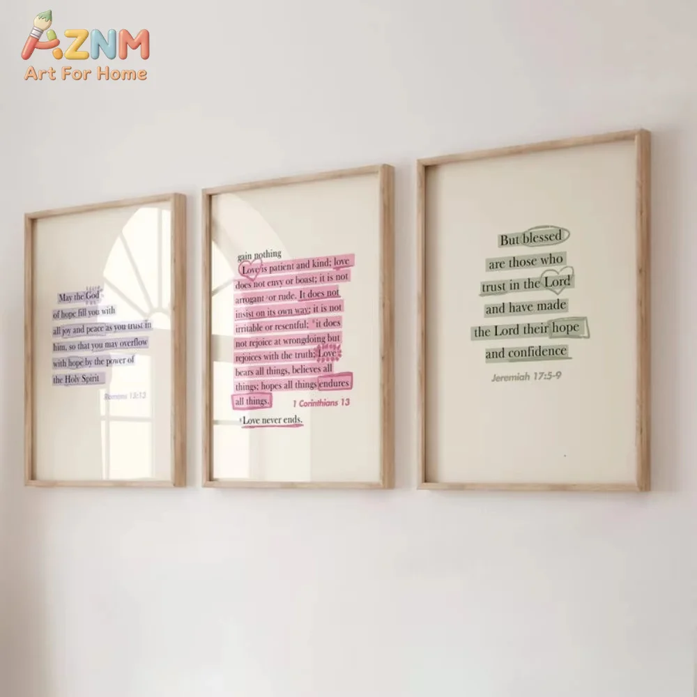 Conjunto de 3 Peças de Arte de Parede com Versículos Bíblicos, Arte Cristã Moderna, Arte de Parede com Citações de Jesus, Presente Cristão para Ela, Arte de Parede com Escritura de Coríntios