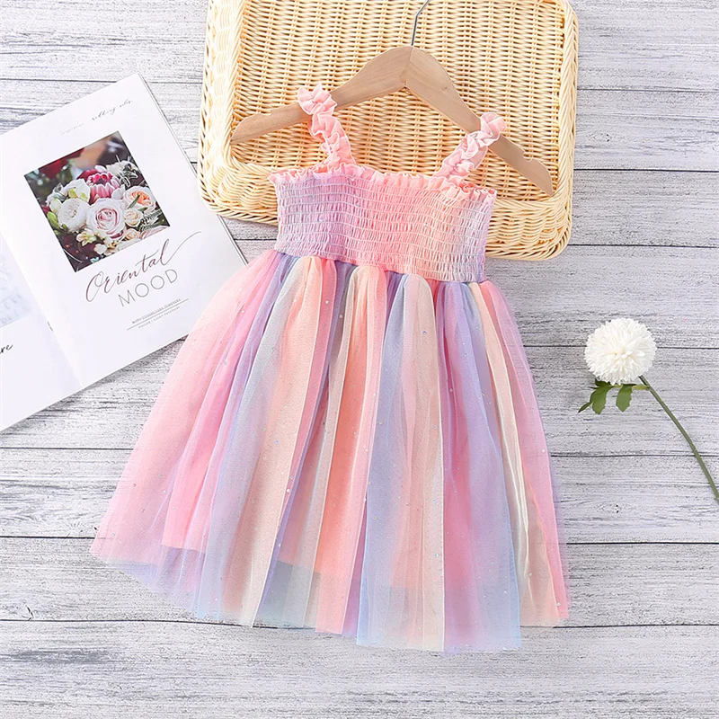 

1-6Y Summer Kids Girls Princess Dress Sleeveless Strapless Colorful Lace Mesh Patchwork Tutu Sundress