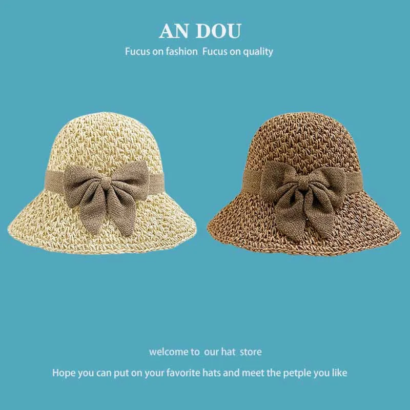 Korean Style Spring and Summer Pastoral Elegant Bow Straw Hat Women's Travel-Proof Hat Retro Fashion Fisherman Hat