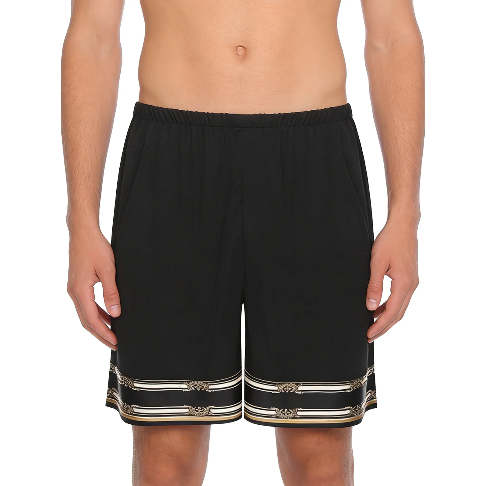 Men Black Color Low Waist Shorts Elastic Waistband Stretchy Loose Satiny Boxer Shorts Pajama Homewear Trunks Shorts Beachwear