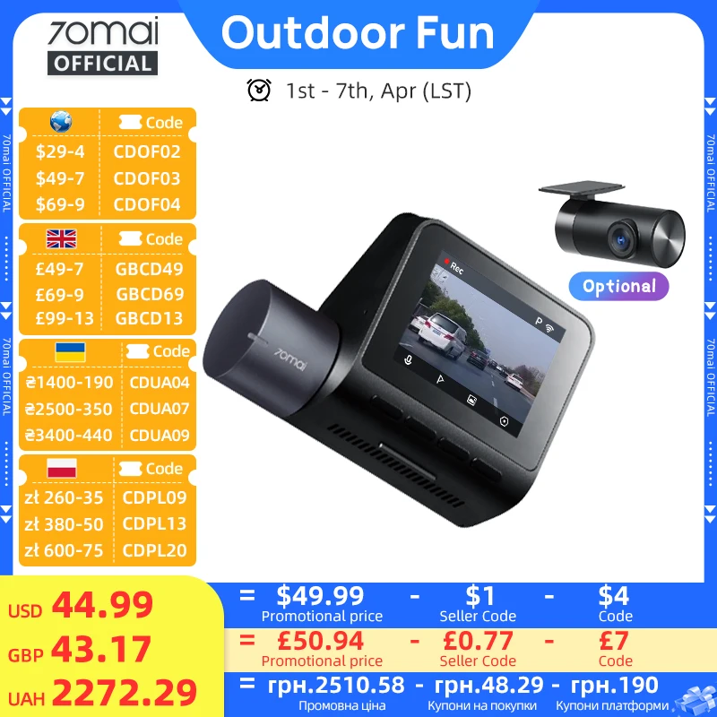 70mai Dash Cam A410 Front 1440P Rear 1080P Car DVR Upgraded Ver. of 70mai A400 Car Recorder 24H Parking Mode Support Max 256GB