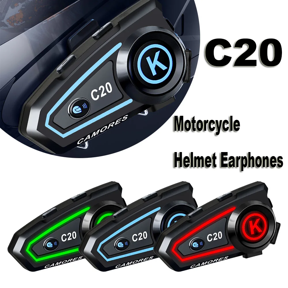 C20 Motorcycle Wireless Helmet Headset Stereo Bluetooth Hands Free Call Earphones IPX6 Waterproof 1000mAh with Ambient Light