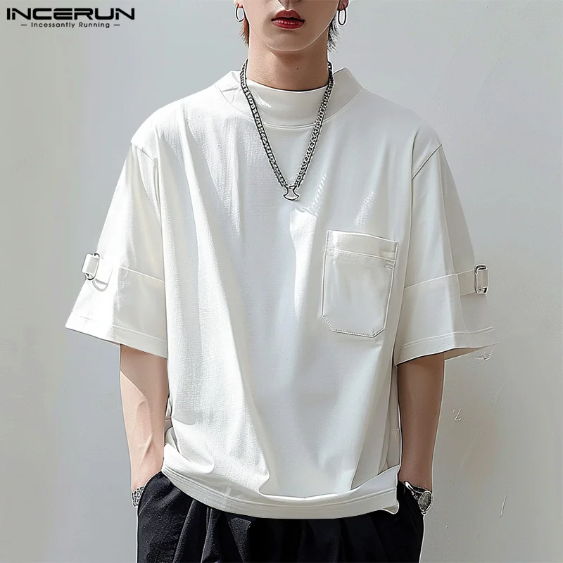 INCERUN Tops 2024 Korean Style Handsome Men's O-neck Loose Cufflink Design T-shirt Casual Simple Solid Mid Sleeve Camiseta S-5XL