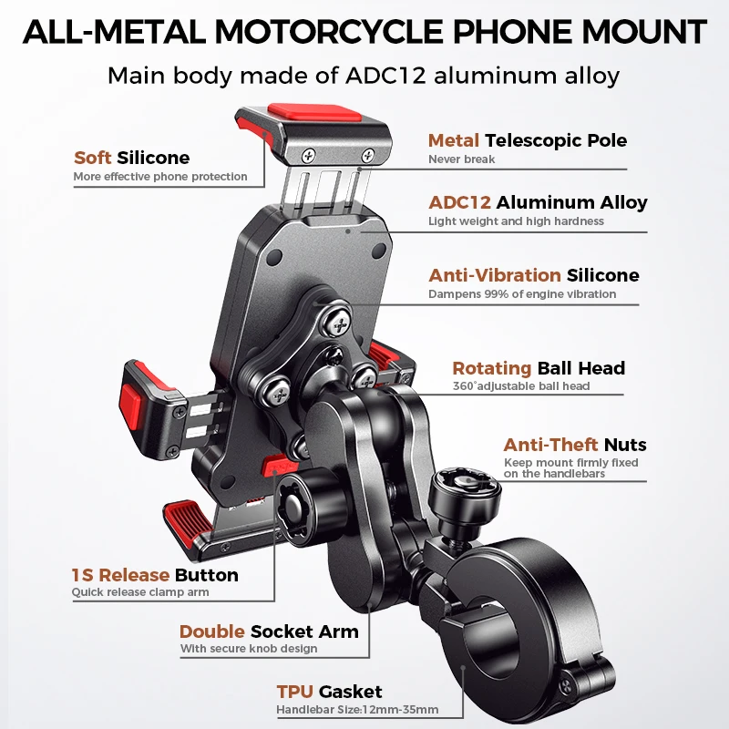 JOYROOM Aluminum Alloy Motorcycle Phone Holder Metal Motorcycle Phone Mount with Vibration Dampener for Motorcycle Bike Bicycle