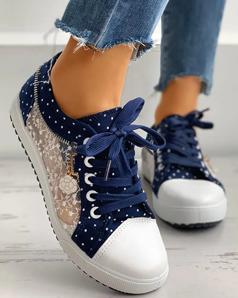Polka lace Flats Women Casual Shoes Lace-Up Leisure Sexy Mesh Match Comfortable Chaussure Femme Hollow for 2023
