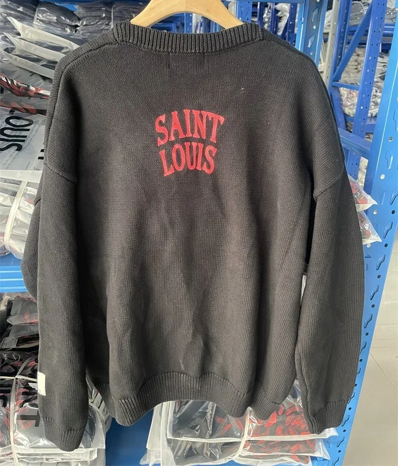 

25SS Saint Michael Knitted Hoodies Oversized Rose Skull Print Black Casual Sweater