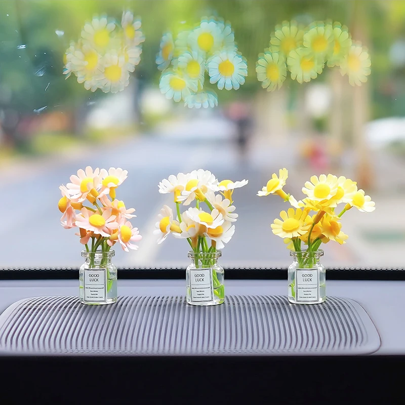 Cute Mini Daisy Vase Car Interior Decoration Auto Dashboard Ornaments Gadgets For Women Gifts Car Products Interior Accessories