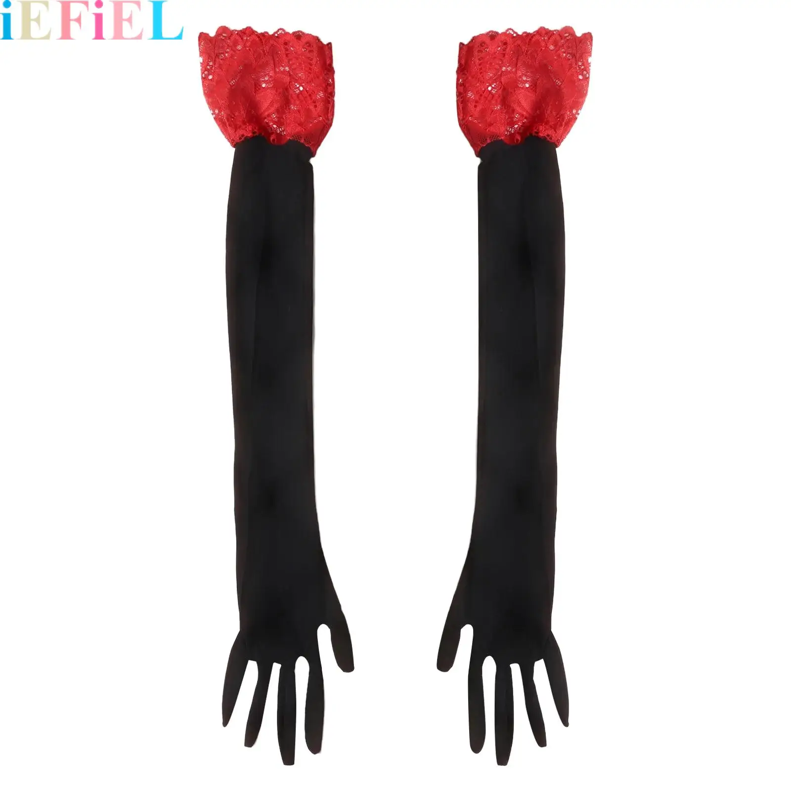 

1 Pair Silky Oil Gloss Five Fingers Gloves Patchwork Lace Design Gloves for Women Elasticity Lace Trim Gloves