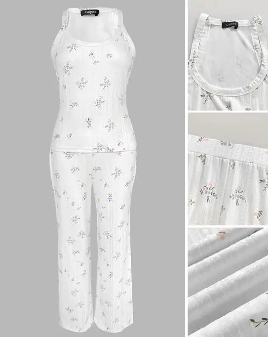2 Pieces Outfit Women U-Neck Sleeveless Cami Top & Wide Leg Pants Set Casual Ditsy Floral Print Jacquard Textured Pajamas Set