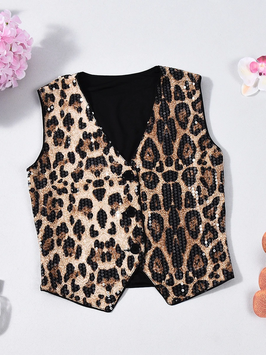 FDYOUI موضة ليوبارد مطبوعة الترتر سترة المرأة 2025 الخريف الشتاء واحدة الصدر لامعة صدرية الإناث أكمام ملابس خارجية #5