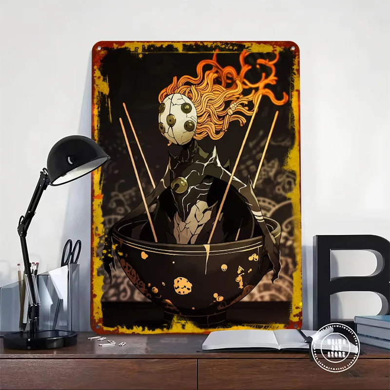 Noodle Creature in Bowl Tin Plaque Poster Customized Wall Art Retro Vintage Metal Signs for Man Cave Garage Decorations Decor
