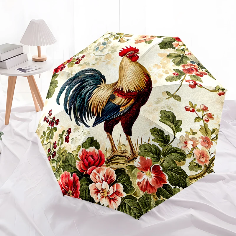 Rooster Theme Design Folding Umbrella - Fashionable Auto-Open Design 8 Iron Ribs Plastic Handle Foldable Sunshade，Perfect Gifts