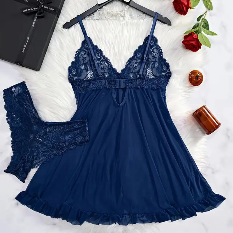 الرسن فستان صيفي الخامس الرقبة الدانتيل تول ثوب النوم مثير سراويل المرأة منامة حجم كبير الملابس الداخلية حساسة مجموعة رقيقة جدا Homewear