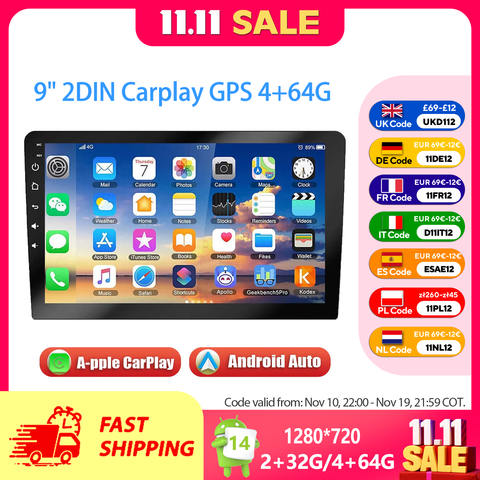 ESSGOO Autoradio 9" 2 DIN, CarPlay wireless, Android Auto, Android 14, Bluetooth, schermo tattile, 4+64G, GPS, navigazione, RDS, WiFi, USB, FM, DAB+, fotocamera, unità principale.