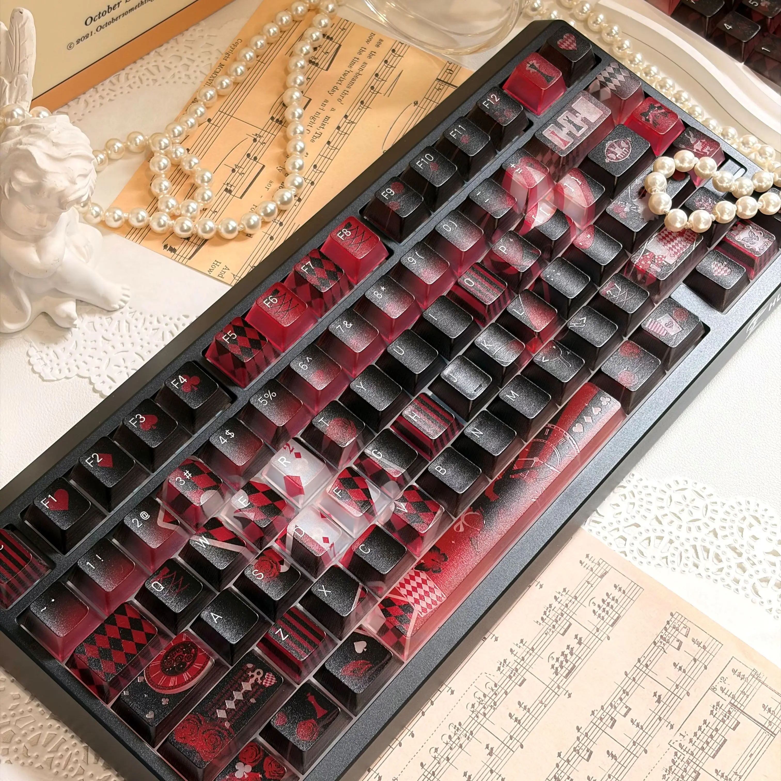 

MAIMOOO Keyboard Caps Cherry Profile Lost Alice Theme Black Red Gothic Keycaps 119Keys PC Frosted Transparent Mechanical Keycap