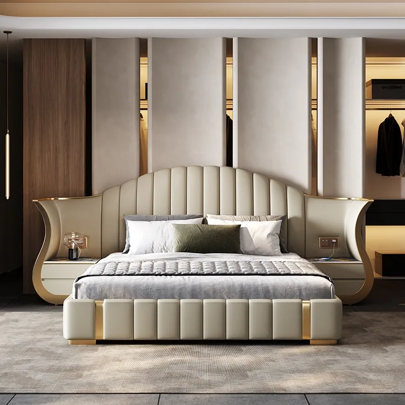 #Luxury Upholstered Bed King Queen Size Curved Wing Headboard Vertical Channel Tufted Gold Stainless Steel Leg Bedroom Furniture