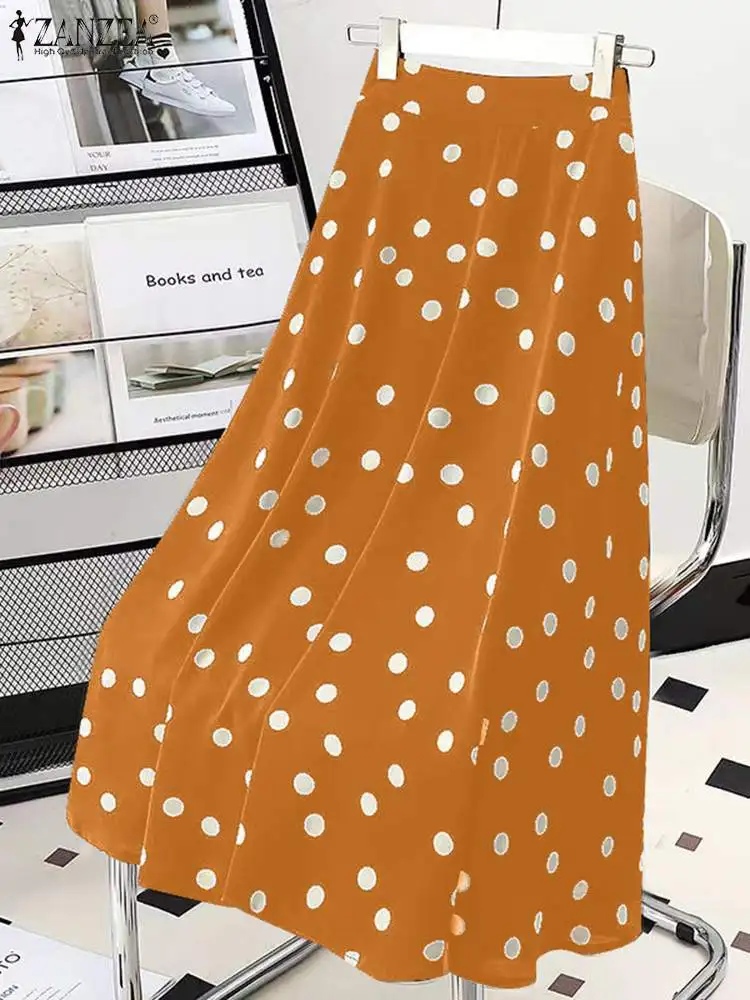 Zanzea Zomer Polka Dot Paraplu Rok Vrouwen Casual Plooien A Line Midi Rokken Elastische Taille Jupe Vakantie Strand Bohemian Faldas