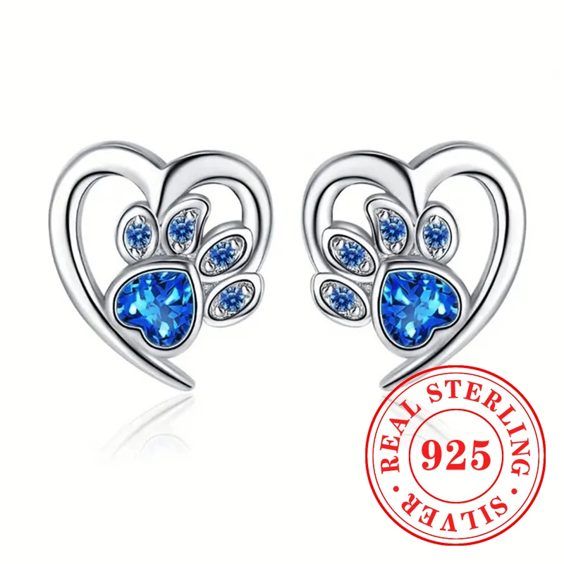 Huitan 925 Sterling Silver Stud Earrings Footprint Heart Designed with Blue/White CZ Earrings Girl Gorgeous Party Fine Jewelry