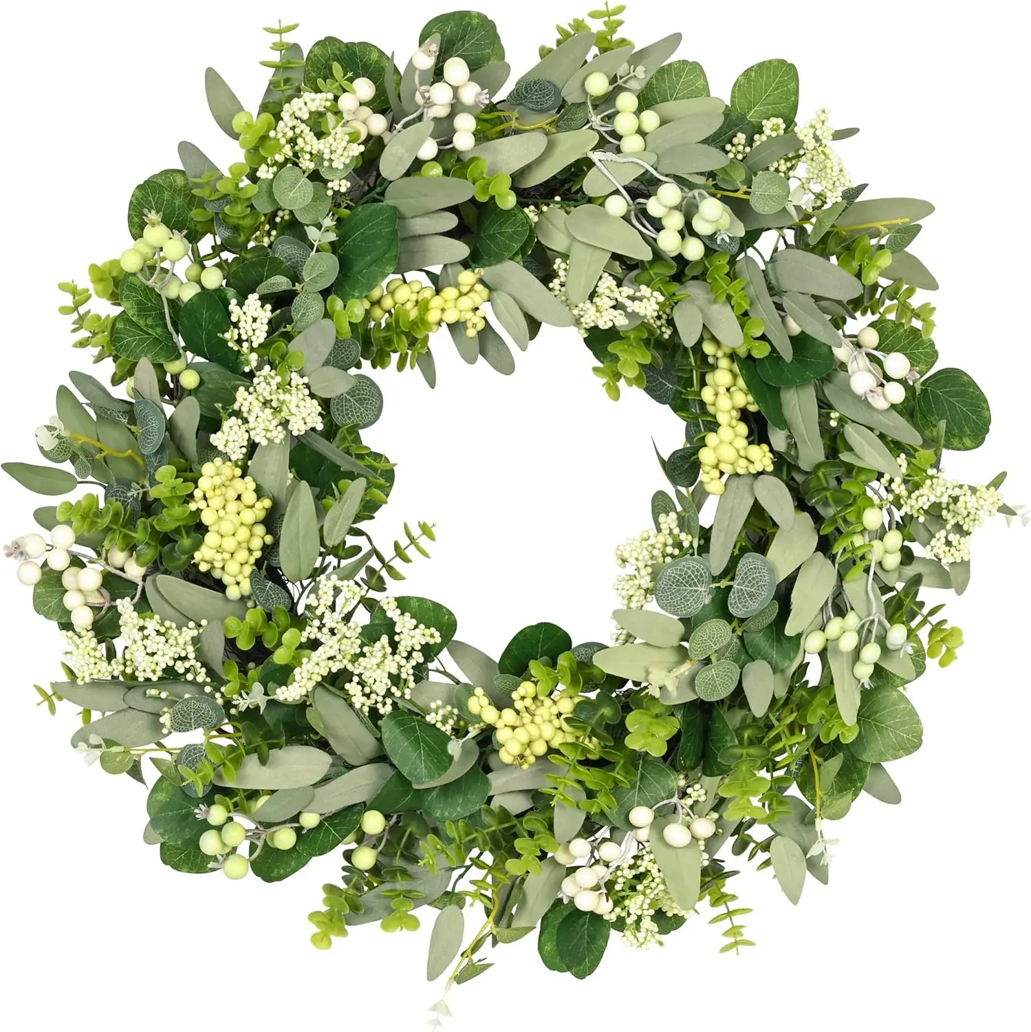 

24-26 Inch Artificial Green Eucalyptus Leaf Wreath with Berries for Front Door Year-Round Farmhouse Decor