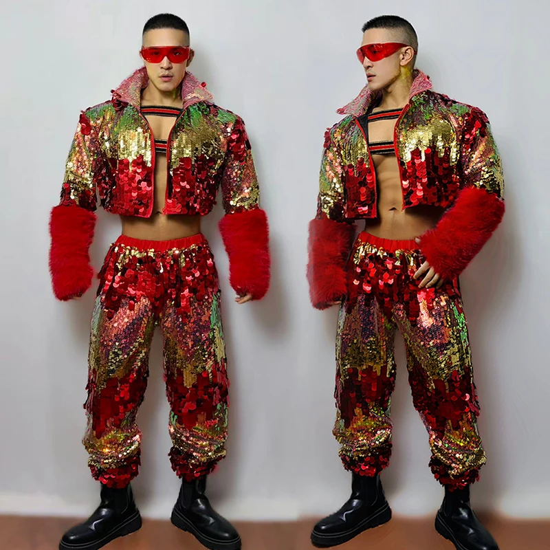

Men Stage Costumes Red Gold Jazz Dance Outfit Sequin Jacket Singer Performance Suit Nightclub Gogo Party Show Rave Clothing 5092